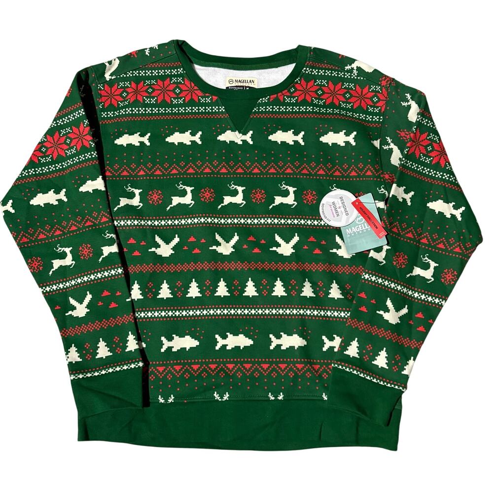 NWT Magellan Holiday Collection Women's Christmas Sweatshirt Fish Deer Geese M